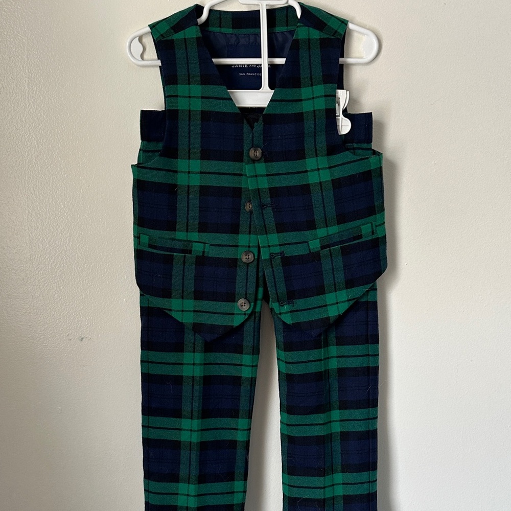 Janie & Jack Green and Blue Plaid Kids Vest and Pants Set